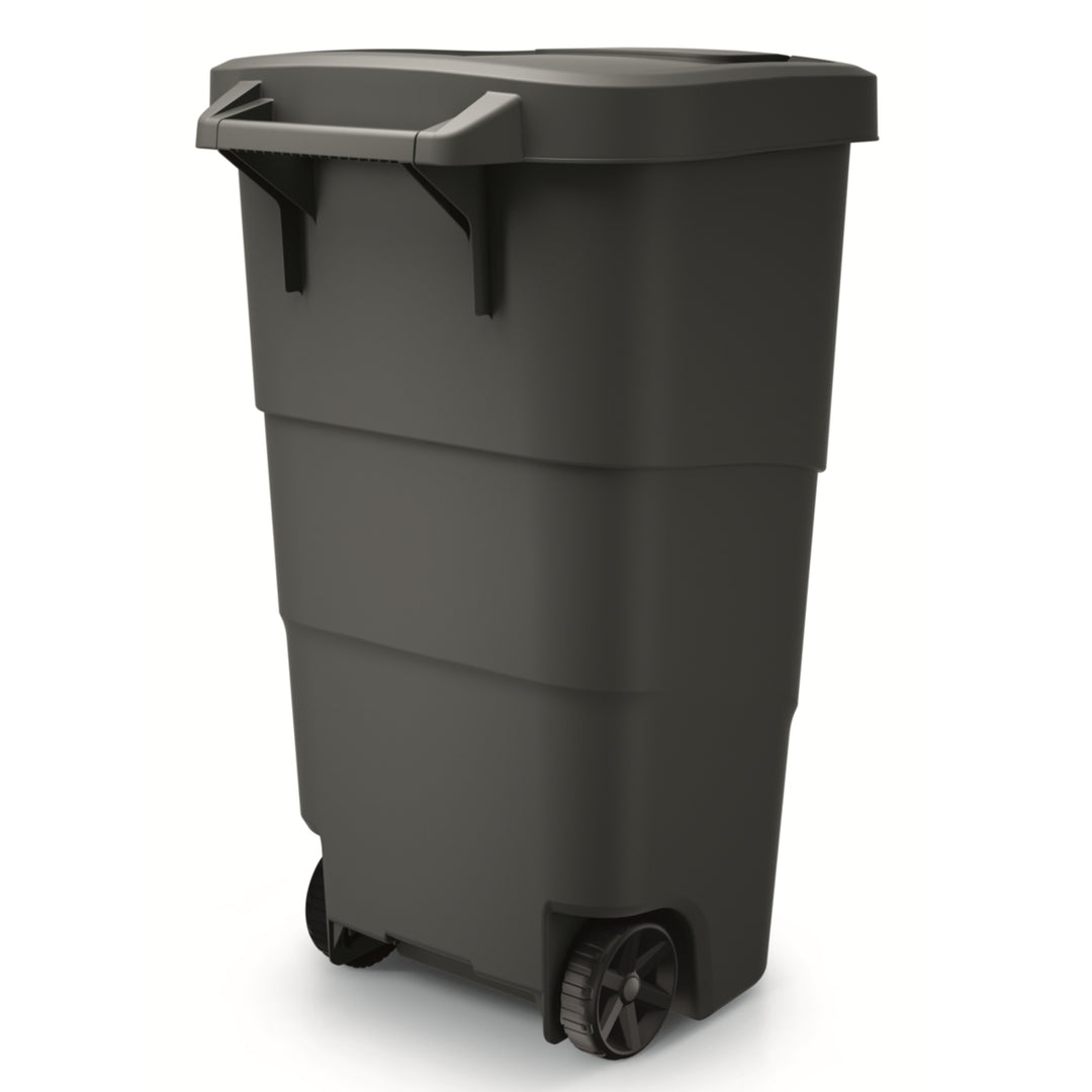 Wheeler 110L Cestino per rifiuti con ruote e coperchio Cestino per rifiuti Grande  Pattumiera da giardino grande e universale in plastica (nero)