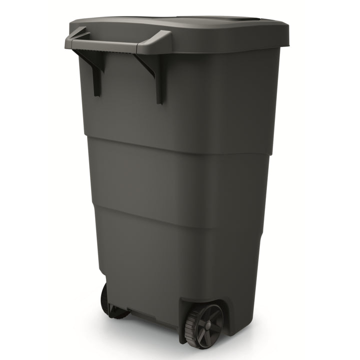 Wheeler 110L Cestino per rifiuti con ruote e coperchio Cestino per rifiuti Grande  Pattumiera da giardino grande e universale in plastica (nero)