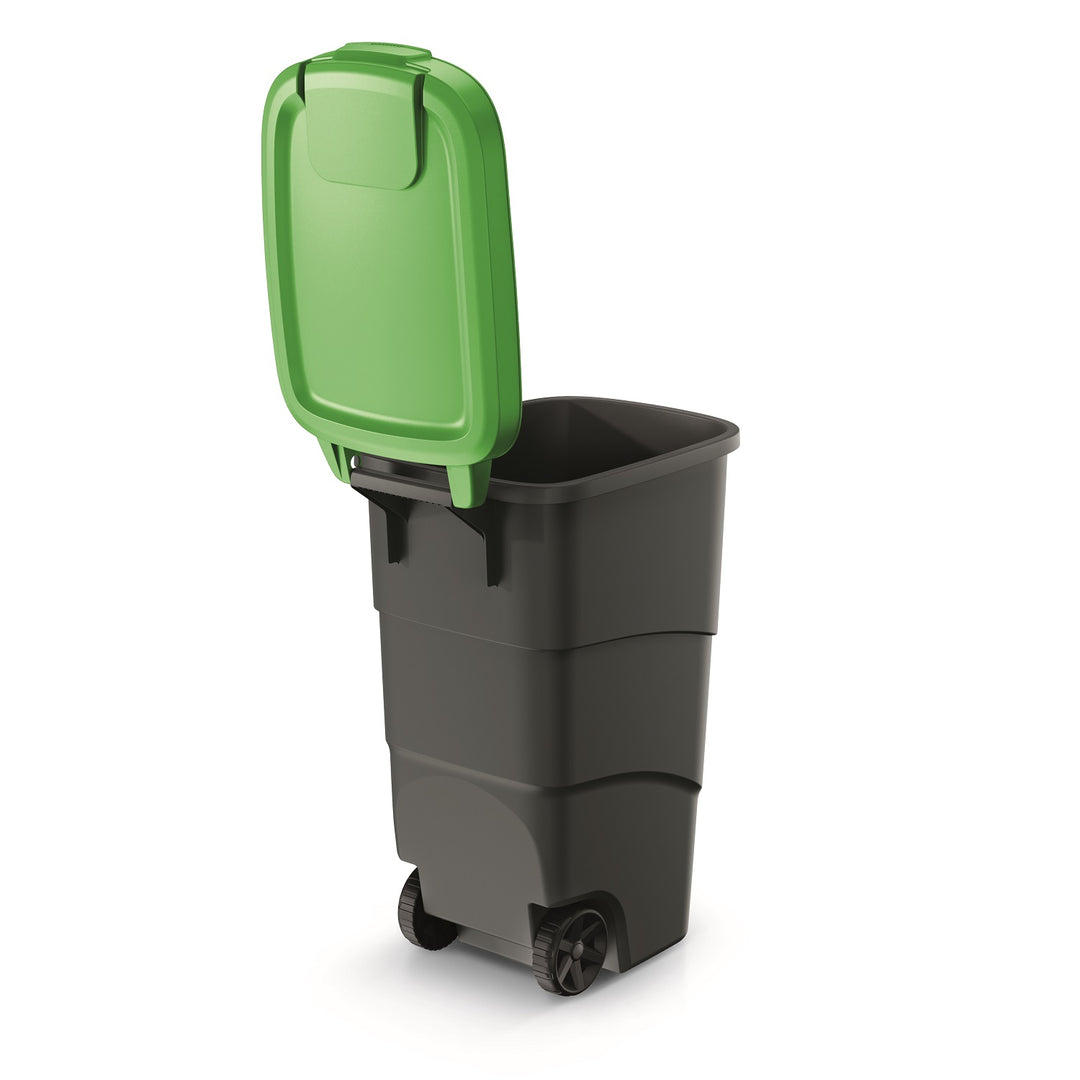 Prosperplast Wheeler 90L Cestino per rifiuti con ruote e coperchio Cestino da giardino grande universale -verde