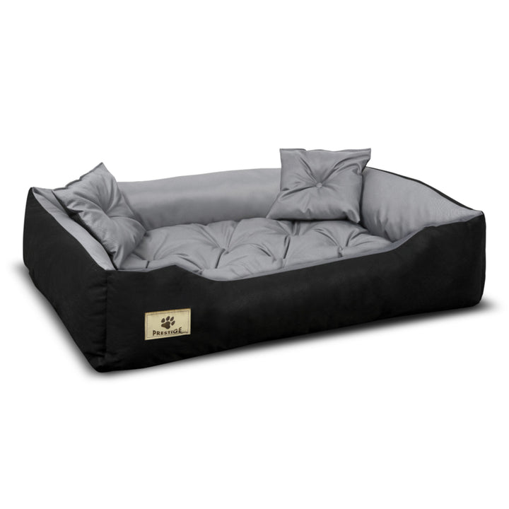 Prestige Letto per cani e gatti con 2 cuscini Cuccia per animali domestici Materiale impermeabile lavabile (Dimensioni interne: 130x100 / Dimensioni esterne: 145x115cm, Grigio/Nero)
