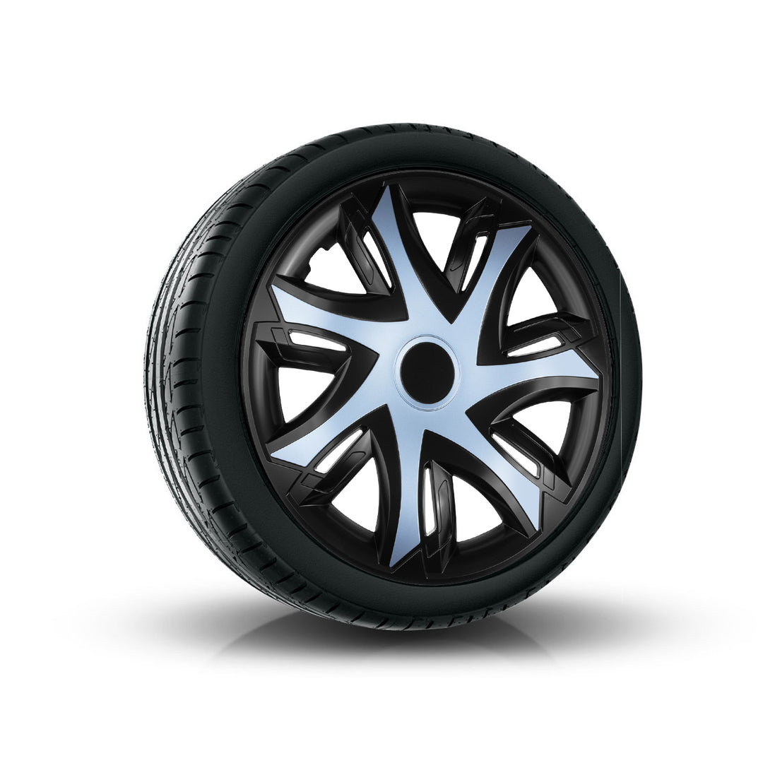 NRM N-Power Copricerchi per cerchi in acciaio Set di 4 copricerchi bicolore per auto Adatto alla maggior parte delle marche e dei cerchi Plastica ABS (Azzurro/nero, 14")
