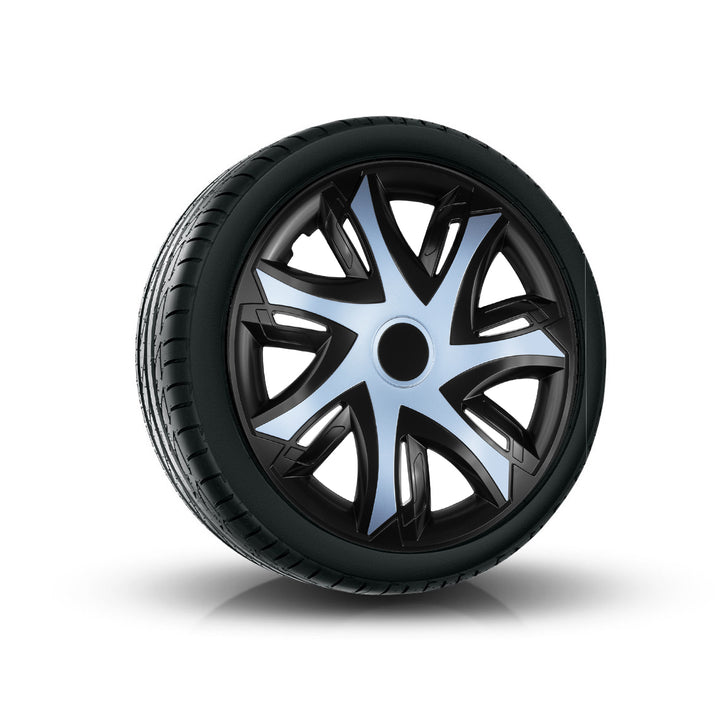 NRM N-Power Copricerchi per cerchi in acciaio Set di 4 copricerchi bicolore per auto Adatto alla maggior parte delle marche e dei cerchi Plastica ABS (Azzurro/nero, 14")