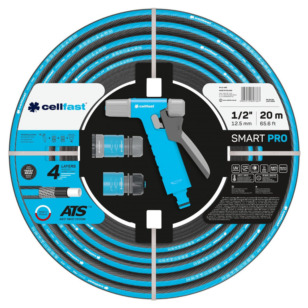 Cellfast SMART PRO ATS Set di tubi da giardino a 4 strati con accessori Tessuto Tricot ATS Flessibile Resistente agli attorcigliamenti Resistente ai raggi UV e alle alghe 1/2" 20 m