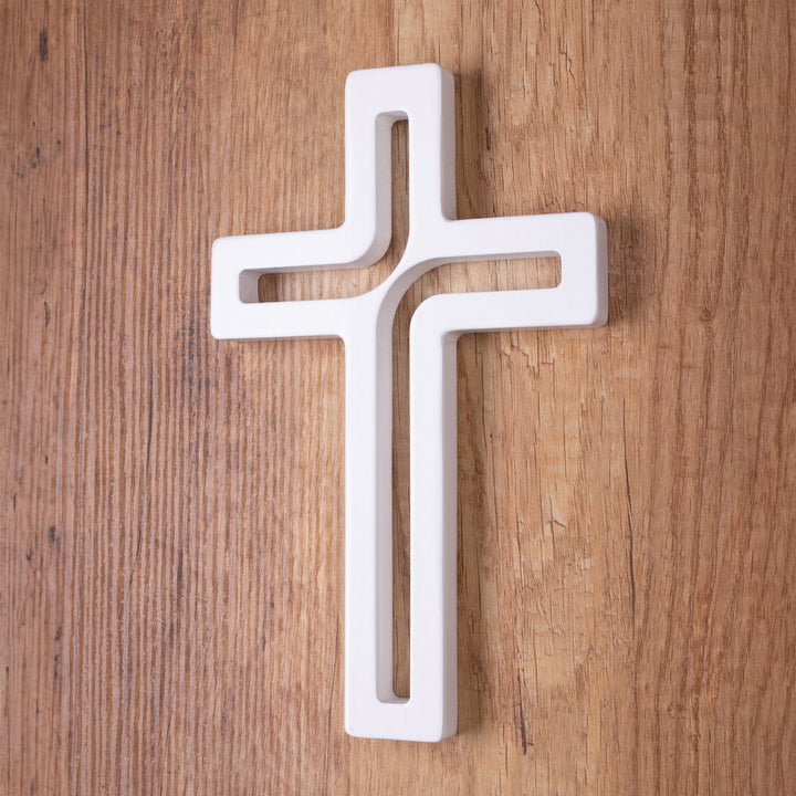Croce moderna sospesa  in legno, colore bianco 18x12x1,5 cm