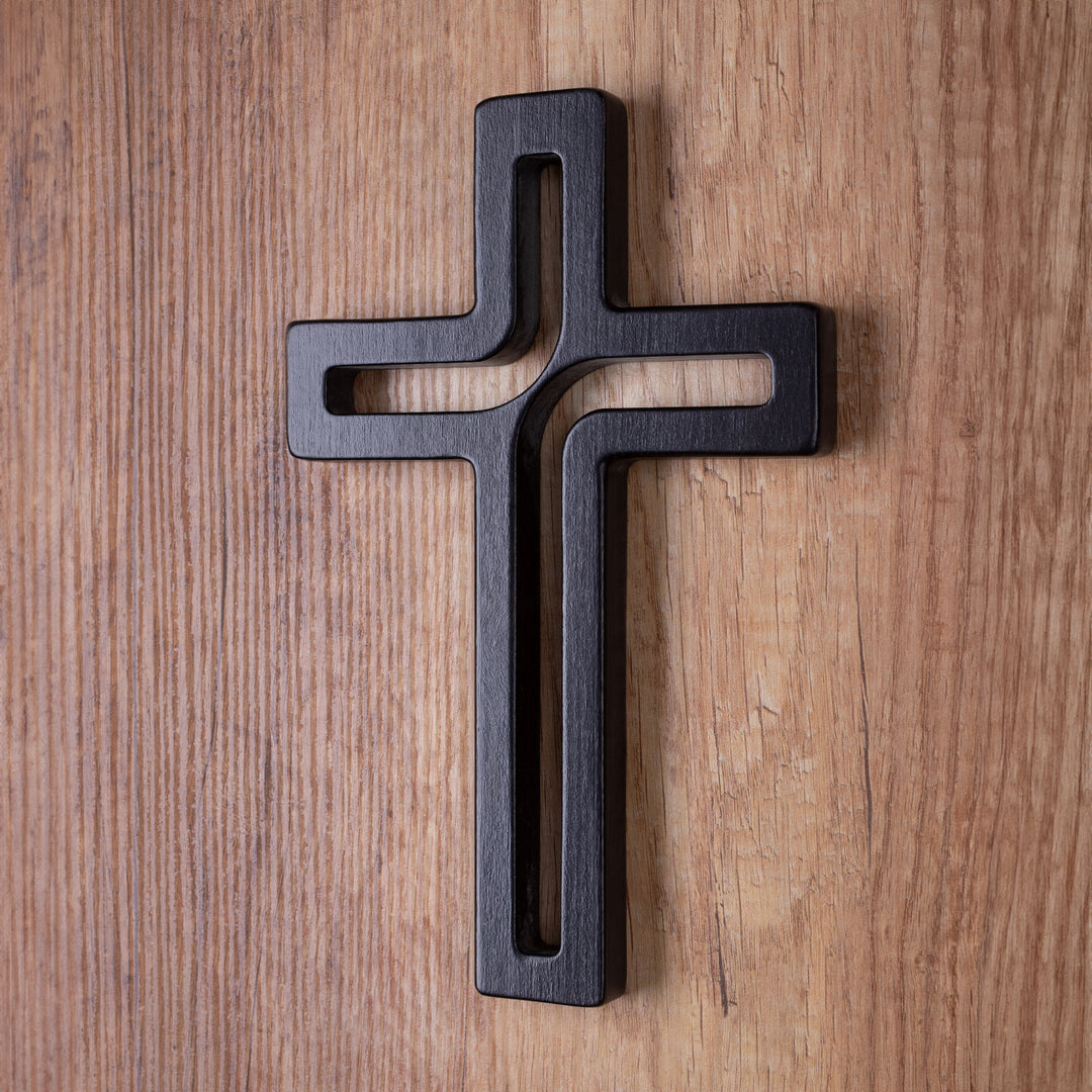 Croce sospesa moderna in legno, colore nero 25x16x1,6 cm