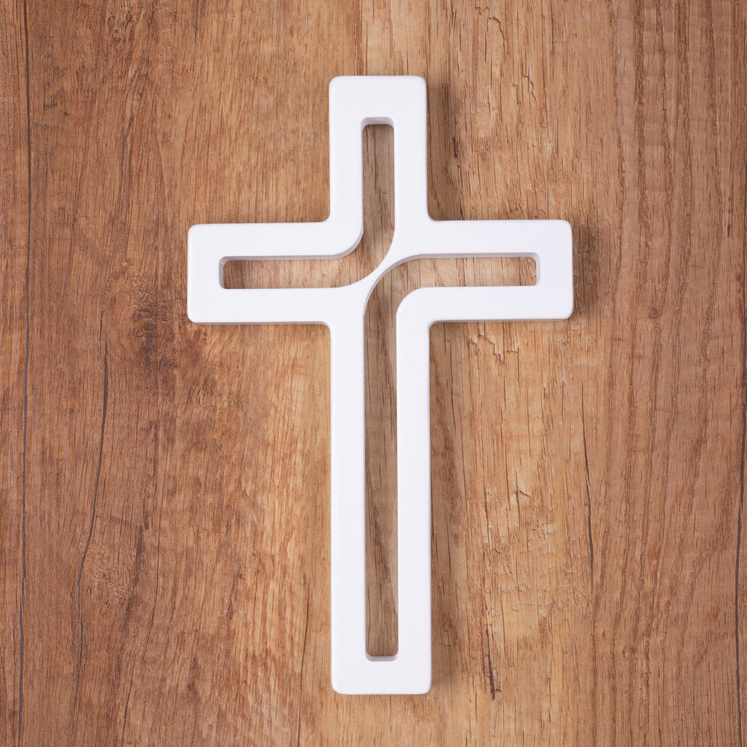 Croce sospesa moderna in legno, colore bianco 30x18x1,8 cm