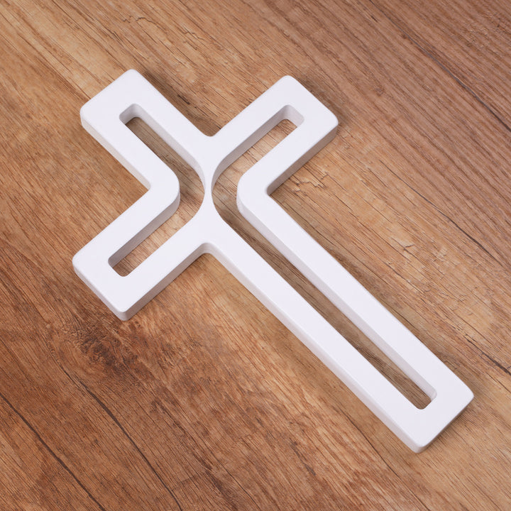 Croce sospesa moderna in legno, colore bianco 30x18x1,8 cm