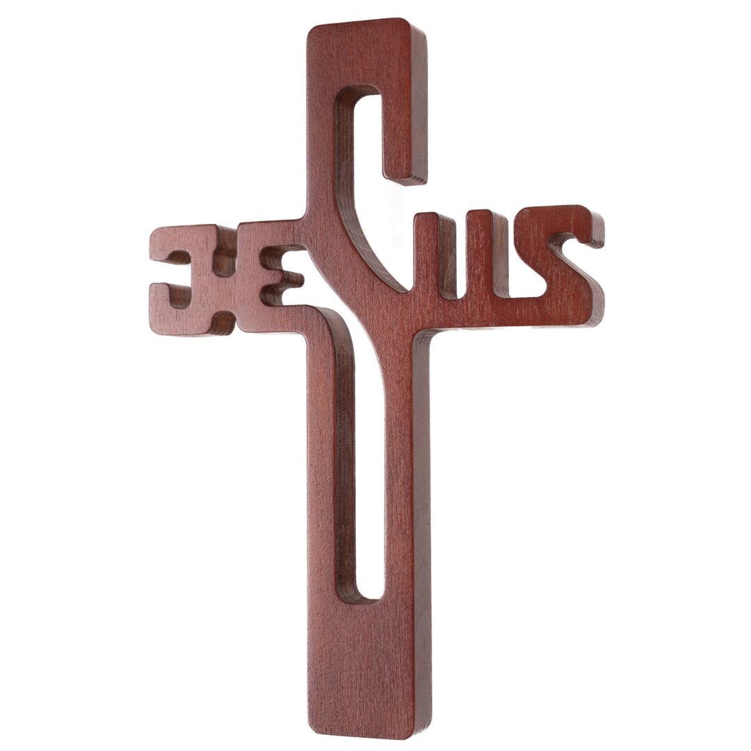 Croce pendente in legno con scritta JESUS, colore marrone 30x20x1,8cm