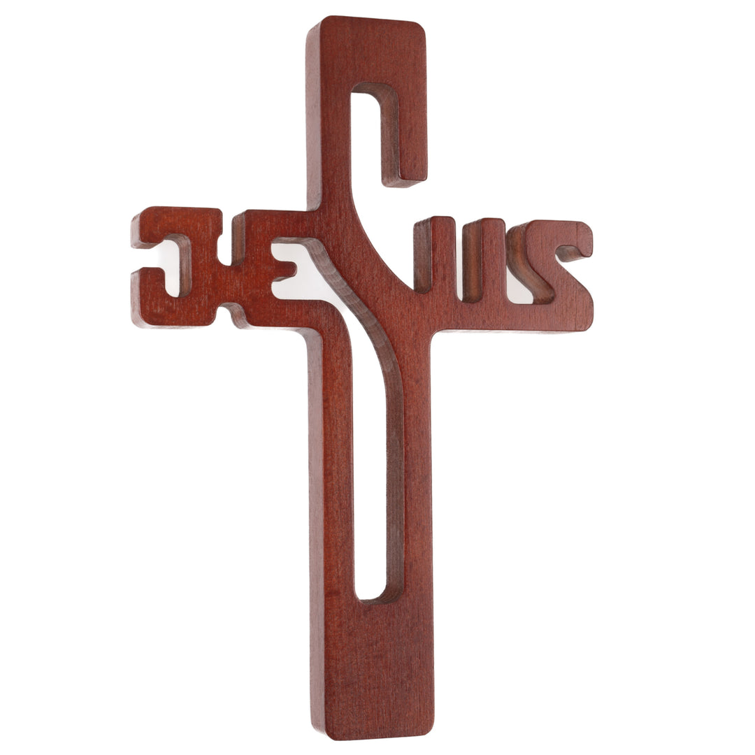 Croce pendente in legno con scritta JESUS, colore marrone 30x20x1,8cm