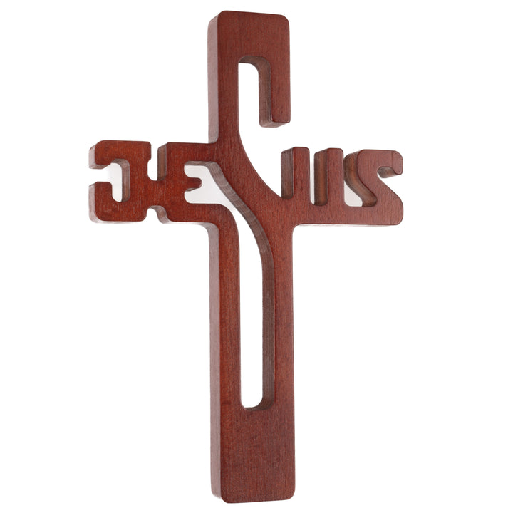 Croce pendente in legno con scritta JESUS, colore marrone 30x20x1,8cm