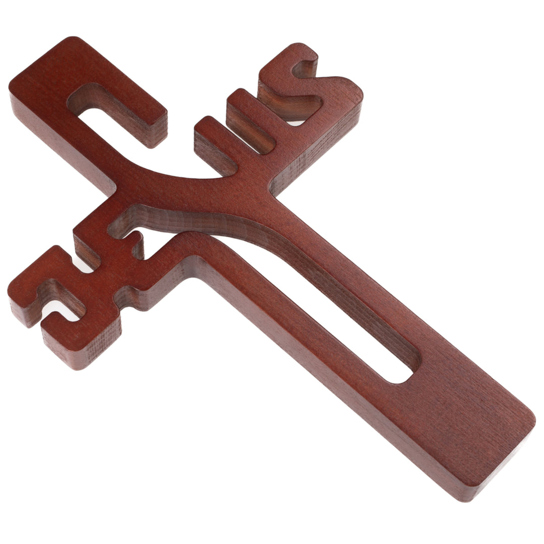 Croce pendente in legno con scritta JESUS, colore marrone 30x20x1,8cm