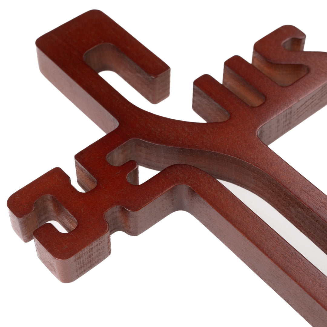 Croce pendente in legno con scritta JESUS, colore marrone 30x20x1,8cm