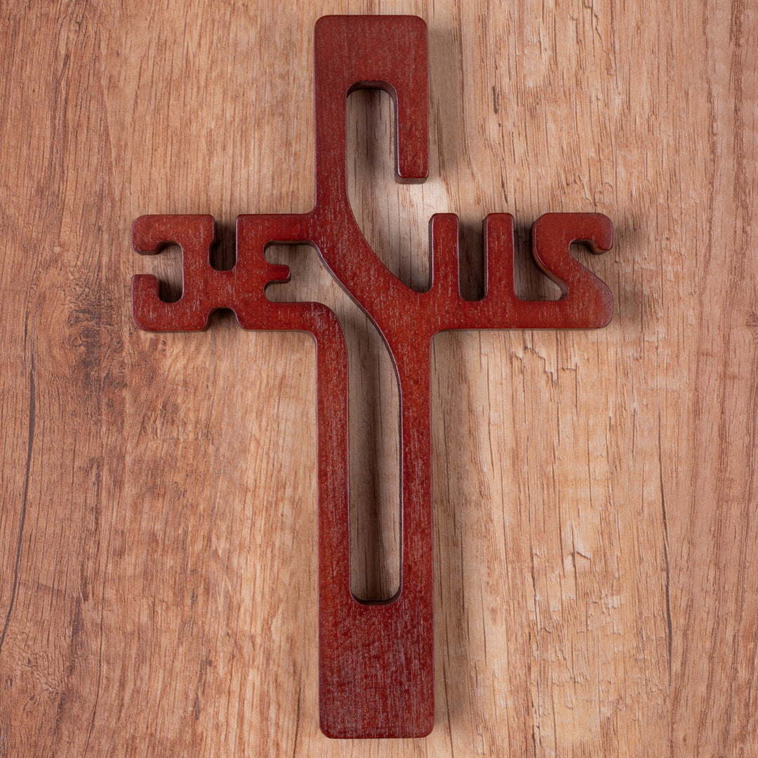 Croce pendente in legno con scritta JESUS, colore marrone 30x20x1,8cm