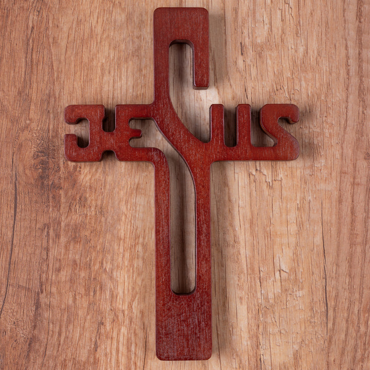 Croce pendente in legno con scritta JESUS, colore marrone 30x20x1,8cm