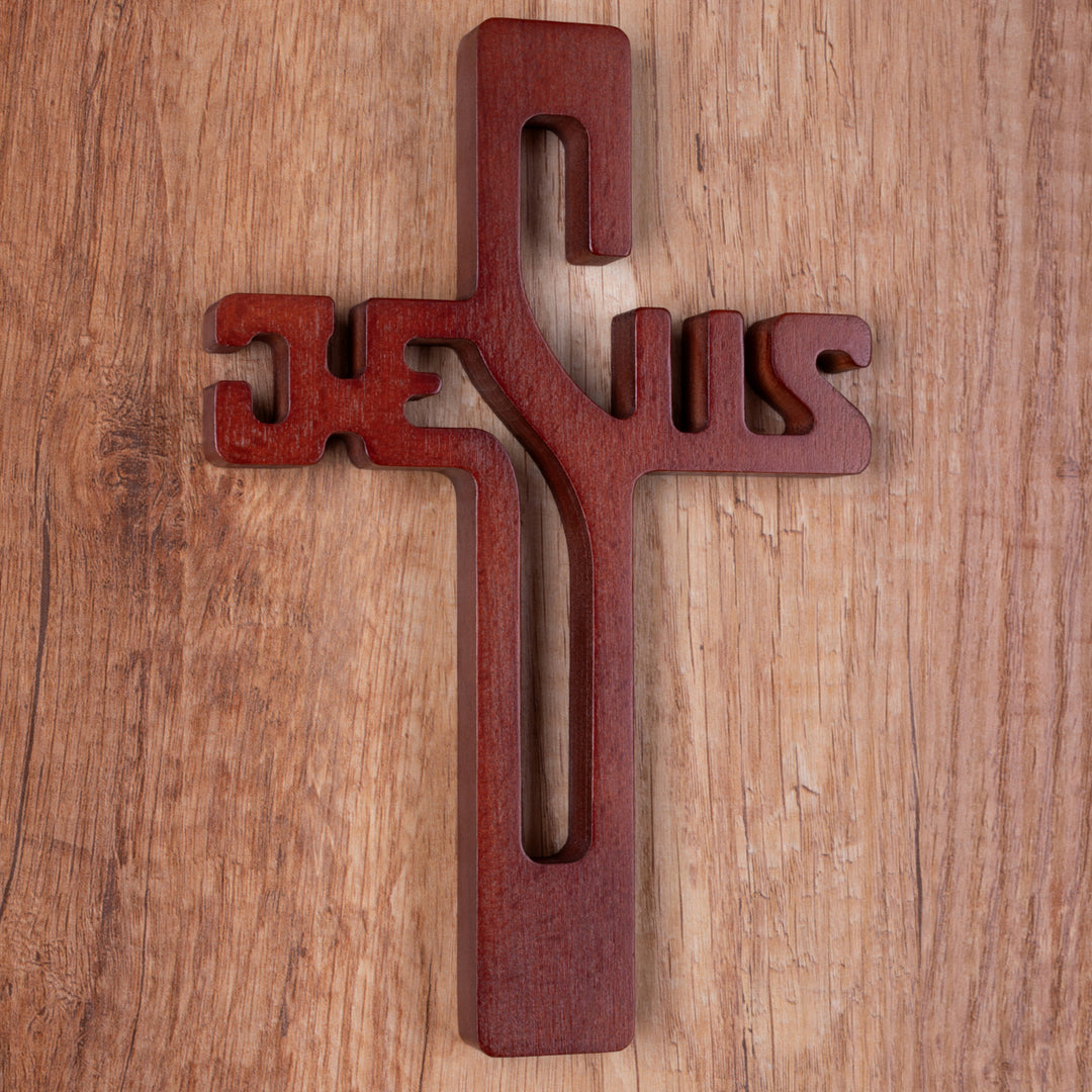 Croce pendente in legno con scritta JESUS, colore marrone 30x20x1,8cm