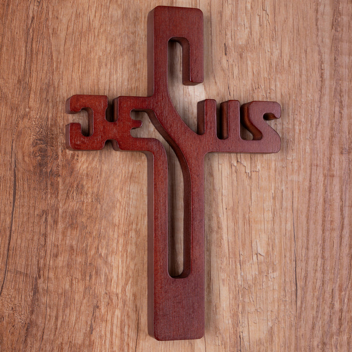 Croce pendente in legno con scritta JESUS, colore marrone 30x20x1,8cm