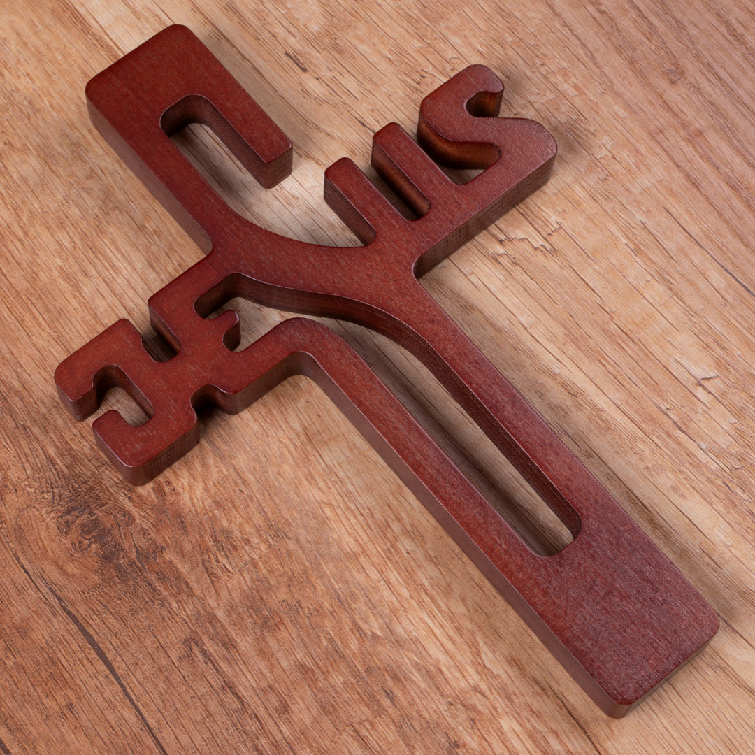 Croce pendente in legno con scritta JESUS, colore marrone 30x20x1,8cm