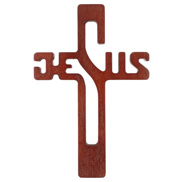 Croce pendente in legno con scritta JESUS, colore marrone 30x20x1,8cm