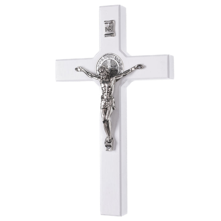 Croce di legno di San Benedetto appesa con pasquac colore bianco 18x10x1,8cm