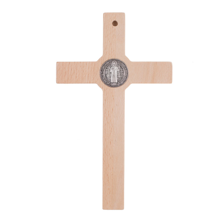 Croce di San Benedetto pendente in legno naturale con pasqua 28x16x1,8cm