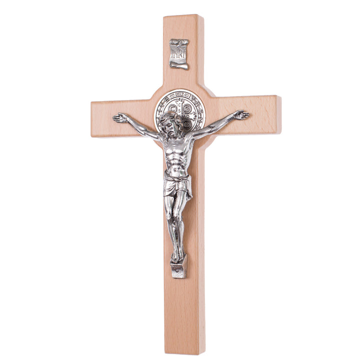 Croce di San Benedetto pendente in legno naturale con pasqua 28x16x1,8cm
