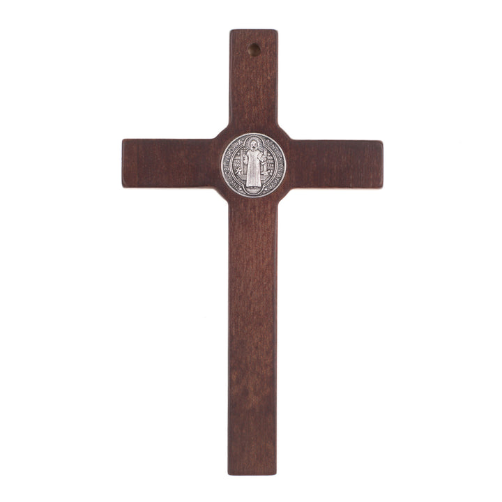 Croce di San Benedetto in legno appesa con pasqua, colore bronzo 28x16x1,8cm