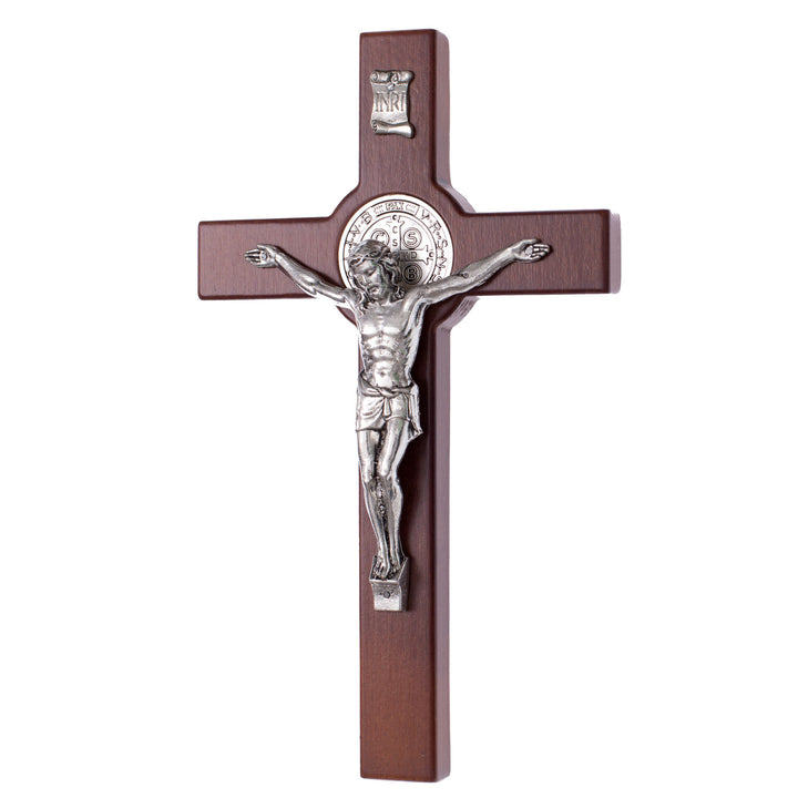 Croce di San Benedetto in legno appesa con pasqua, colore bronzo 28x16x1,8cm