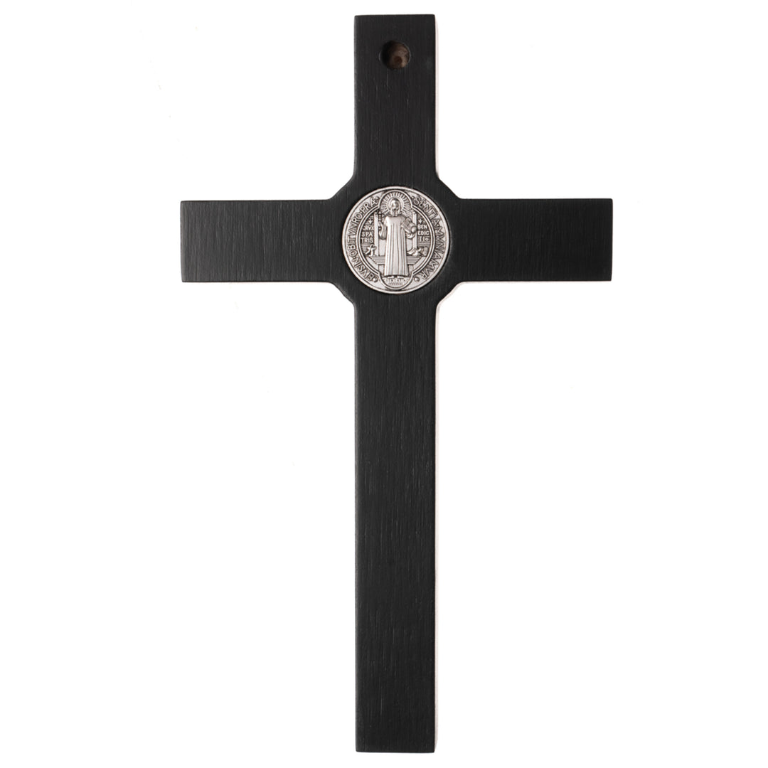 Croce di San Benedetto in legno appesa con pasqua, colore nero 28x16x1,8cm