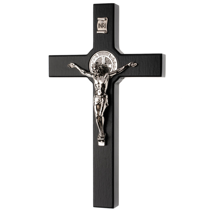 Croce di San Benedetto in legno appesa con pasqua, colore nero 28x16x1,8cm