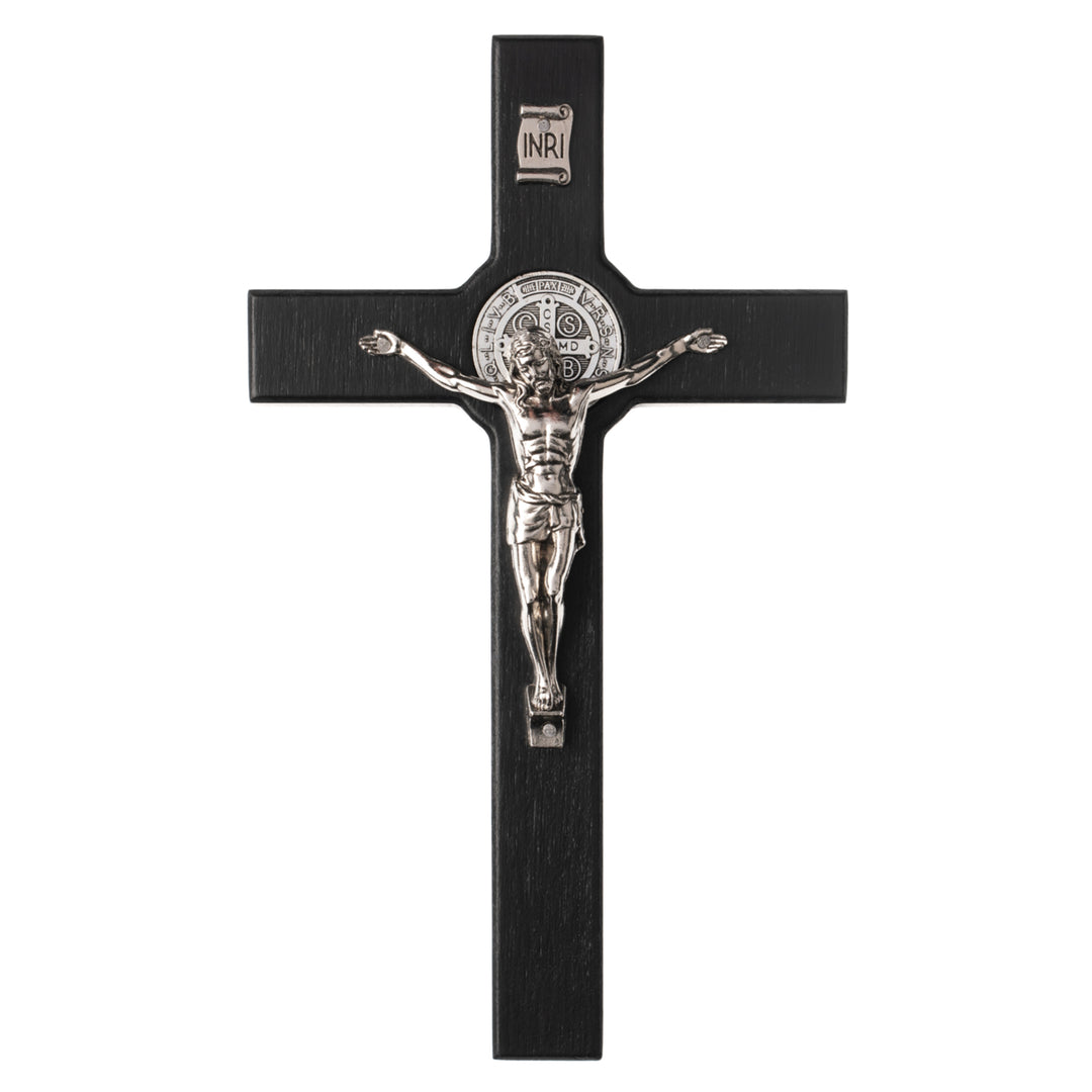 Croce di San Benedetto in legno appesa con pasqua, colore nero 28x16x1,8cm