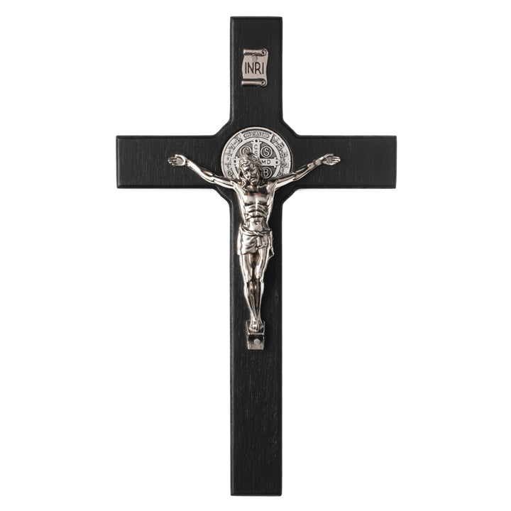 Croce di San Benedetto in legno appesa con pasqua, colore nero 28x16x1,8cm
