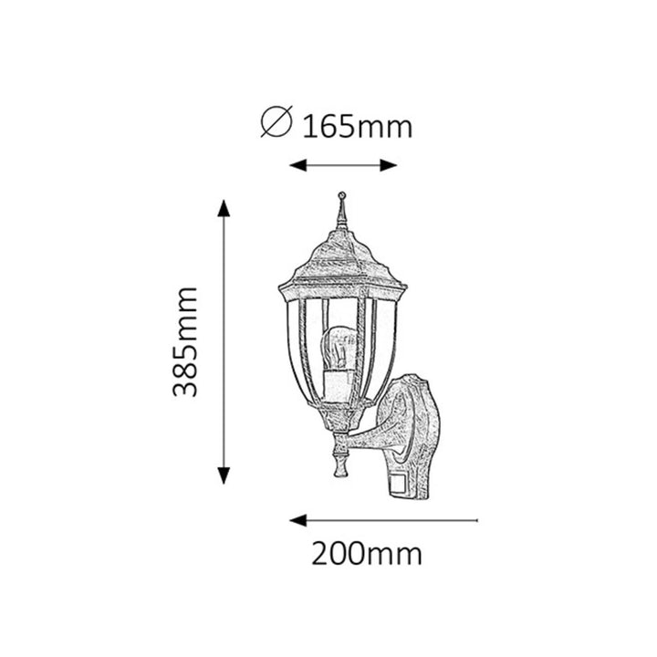 Lampada da parete Rabalux Nizza in oro antico con sensore di movimento e crepuscolare. Filettatura E27, potenza 60 W, grado di protezione IP43.