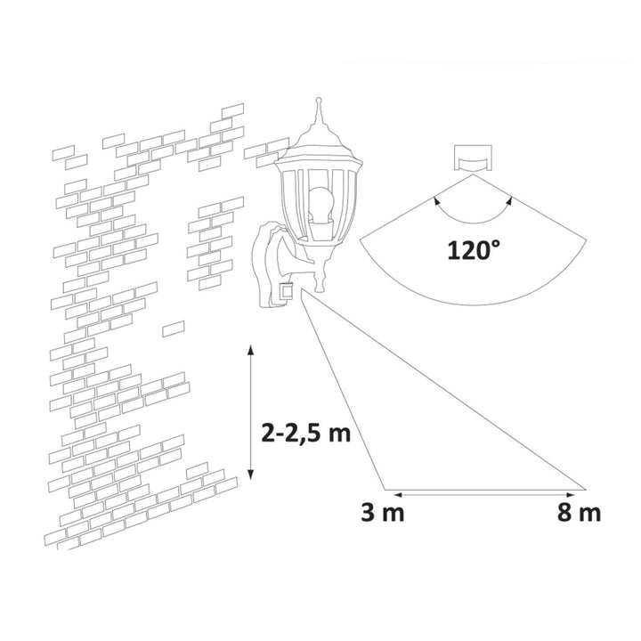 Lampada da parete Rabalux Nizza in oro antico con sensore di movimento e crepuscolare. Filettatura E27, potenza 60 W, grado di protezione IP43.