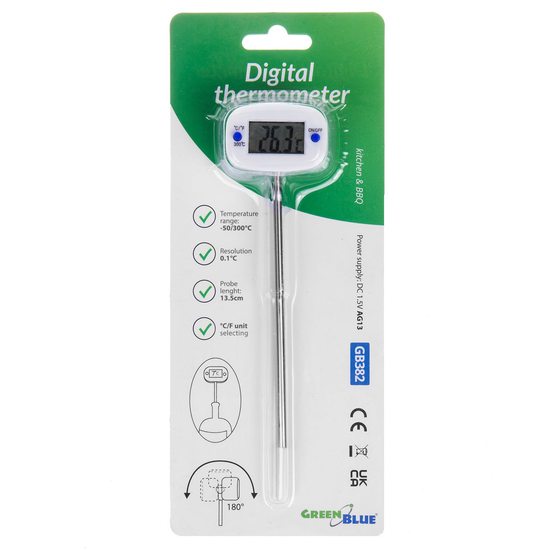Green Blue Termometro  Sonda per alimenti, lunghezza sonda 13,5 cm, intervallo di temperatura da -50 a +300 gradi C, precisione 0,1 gradi C, GB382