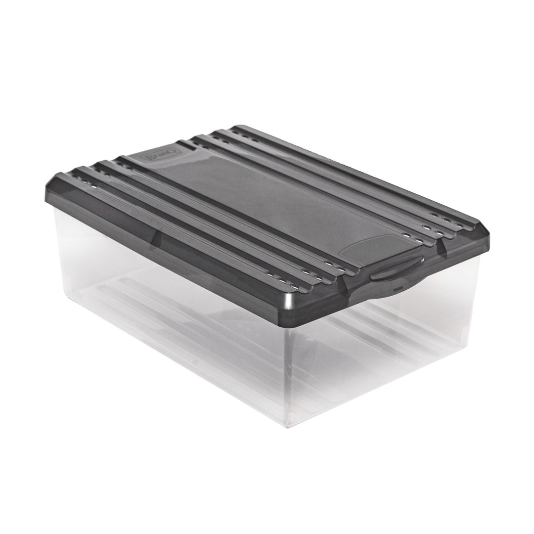 Set di due scatole per scarpe BranQ con coperchio in antracite. Fori di ventilazione