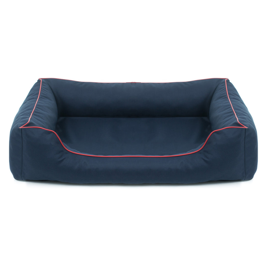 Cuccia ortopedica Valencia per cani in blu navy con finiture rosse 65x50cm