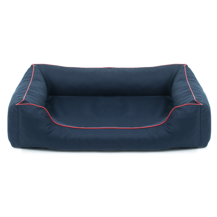 Cuccia ortopedica Valencia per cani in blu navy con finiture rosse 65x50cm