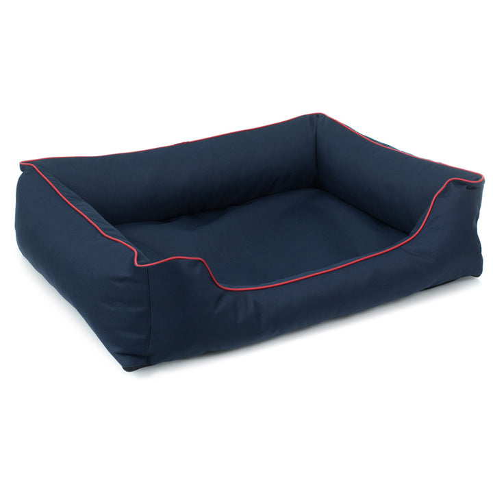 Cuccia ortopedica Valencia per cani in blu navy con finiture rosse 65x50cm