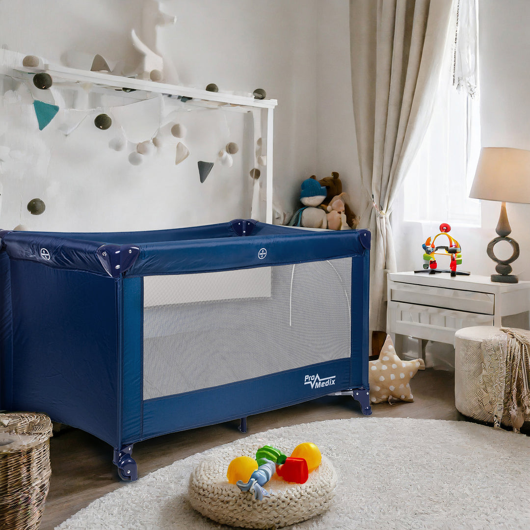 Promedix Pieghevole Lettino compatto da viaggio  125x65x74cm, blu, rotelle, copertura protettiva, PR-803 B