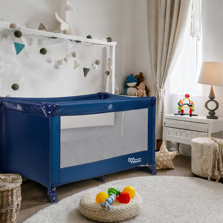 Promedix Pieghevole Lettino compatto da viaggio  125x65x74cm, blu, rotelle, copertura protettiva, PR-803 B