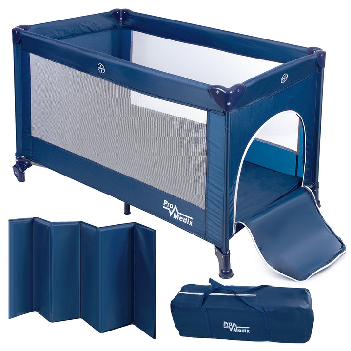 Promedix Pieghevole Lettino compatto da viaggio  125x65x74cm, blu, rotelle, copertura protettiva, PR-803 B
