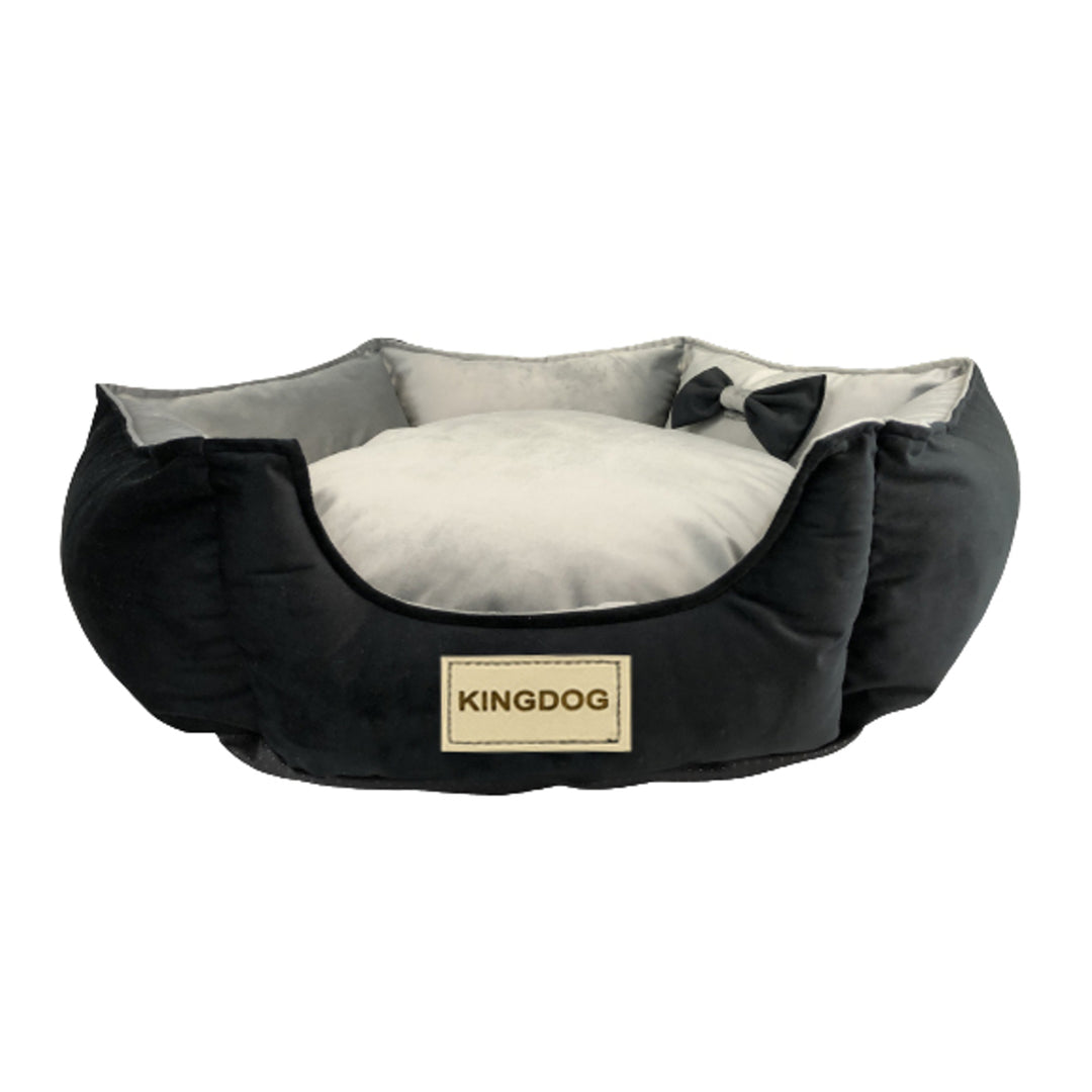 KingDog Prestige Letto per cani in velluto con rivestimento rimovibile e fondo antiscivolo Cuccia esagonale per cani Letto per animali domestici(diametro: 50 cm, nero/grigio)