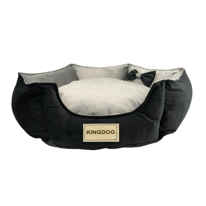 KingDog Prestige Letto per cani in velluto con rivestimento rimovibile e fondo antiscivolo Cuccia esagonale per cani Letto per animali domestici(diametro: 50 cm, nero/grigio)