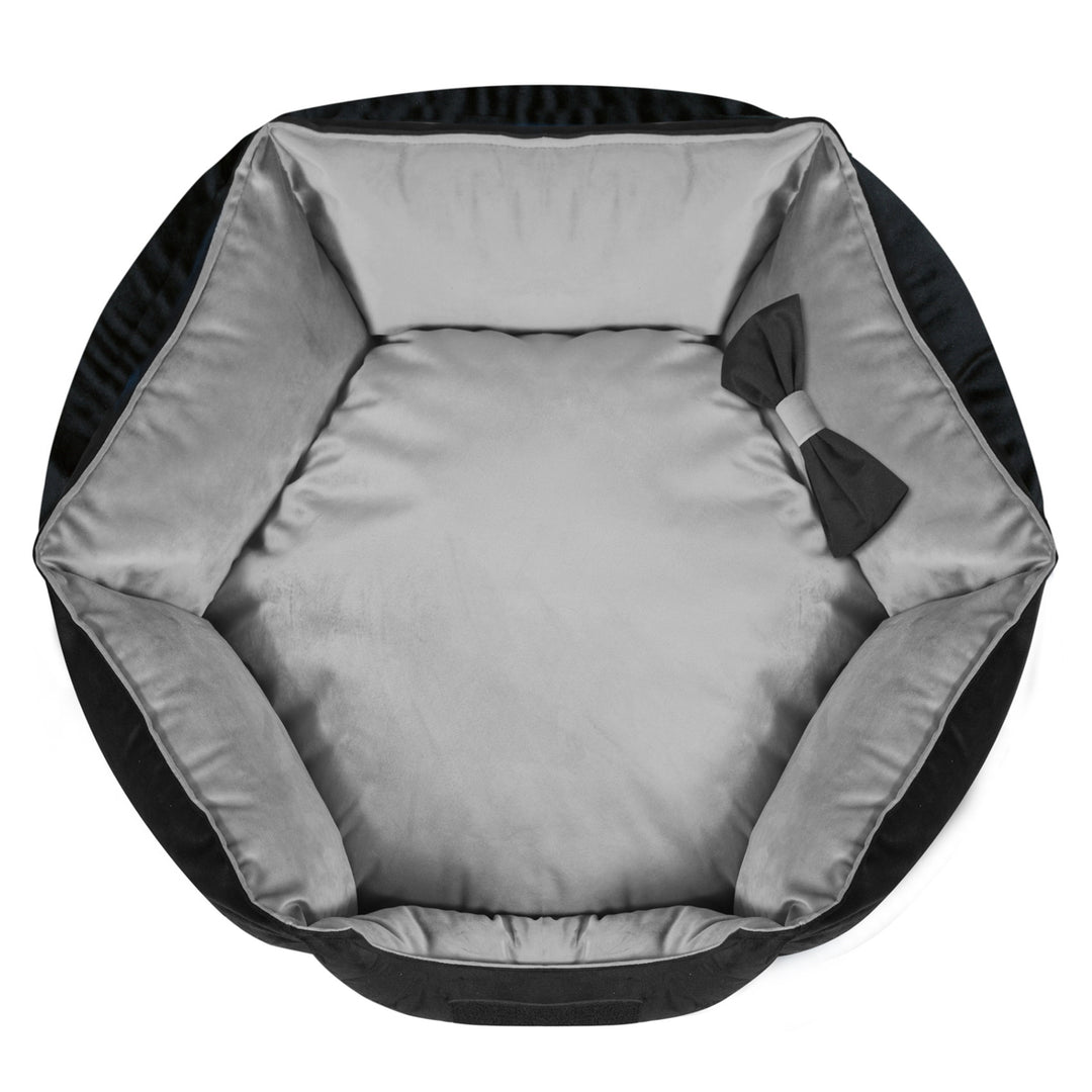 KingDog Prestige Letto per cani in velluto con rivestimento rimovibile e fondo antiscivolo Cuccia esagonale per cani Letto per animali domestici(diametro: 50 cm, nero/grigio)