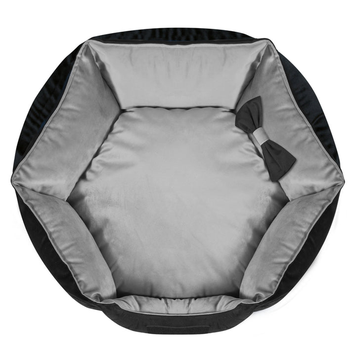 KingDog Prestige Letto per cani in velluto con rivestimento rimovibile e fondo antiscivolo Cuccia esagonale per cani Letto per animali domestici(diametro: 50 cm, nero/grigio)