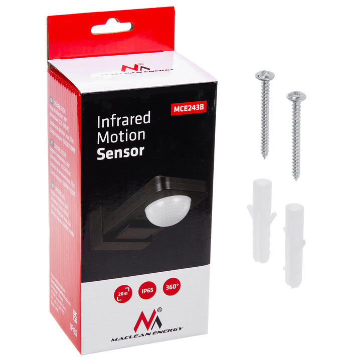Maclean MCE243 B Sensore di movimento a infrarossi con sensore crepuscolare Campo di rilevamento di 360° fino a 20 m Sensore IP65 max 2000W (nero)