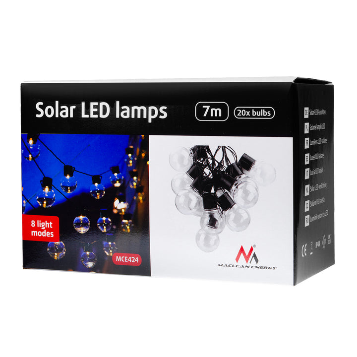 Ghirlanda solare da giardino LED 2in1 Maclean, IP44,  20 led 3W, 10lm, 3000K, Batteria ricaricabile 2*600 mAh, 5V DC, 7m, MCE424