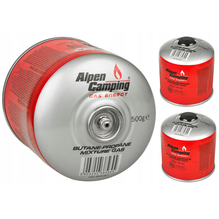 3x Alpen Camping 500g cartuccia di gas. Certificato: Pi 0437, conforme a EN417, propano-butano, range da -10°c a + 40°c, valvola 7/16" IK008