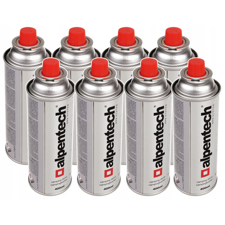 8x cartuccia di gas Alpentech 400ml, certificazione: Pi 0875, conforme a EN417, isobutano, campo di funzionamento da -10°c a + 40°c, IK300