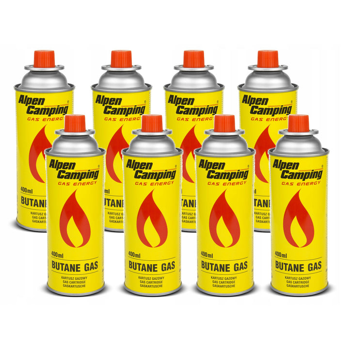 8x cartuccia di gas Alpen Camping 400ml. Certificato: Pi 0875, conforme a EN417, isobutano, intervallo di funzionamento da -10°c a + 40°c, IK004
